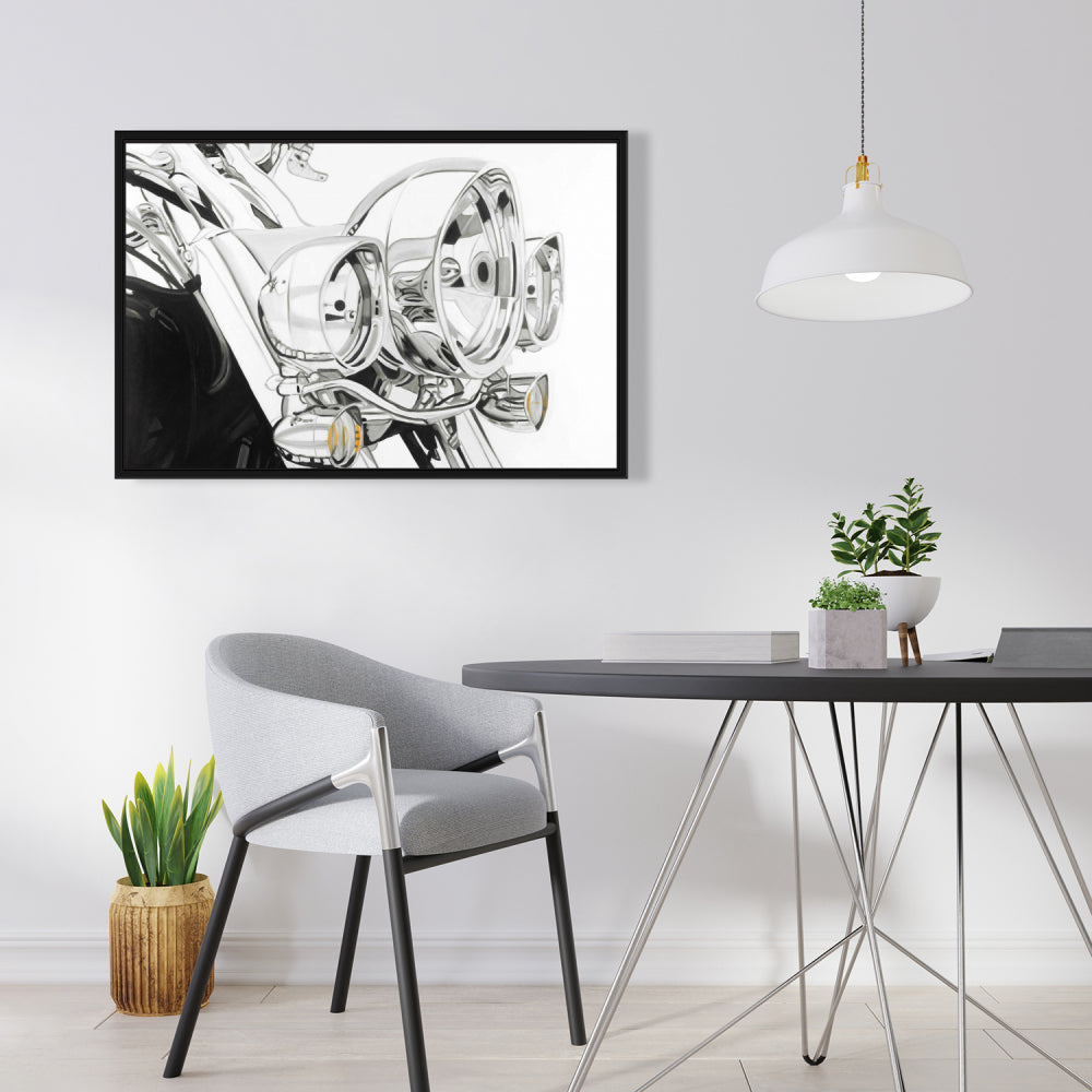 Toile lumineuse moto | Cadre industriel blanc | Décoration d'intérieur