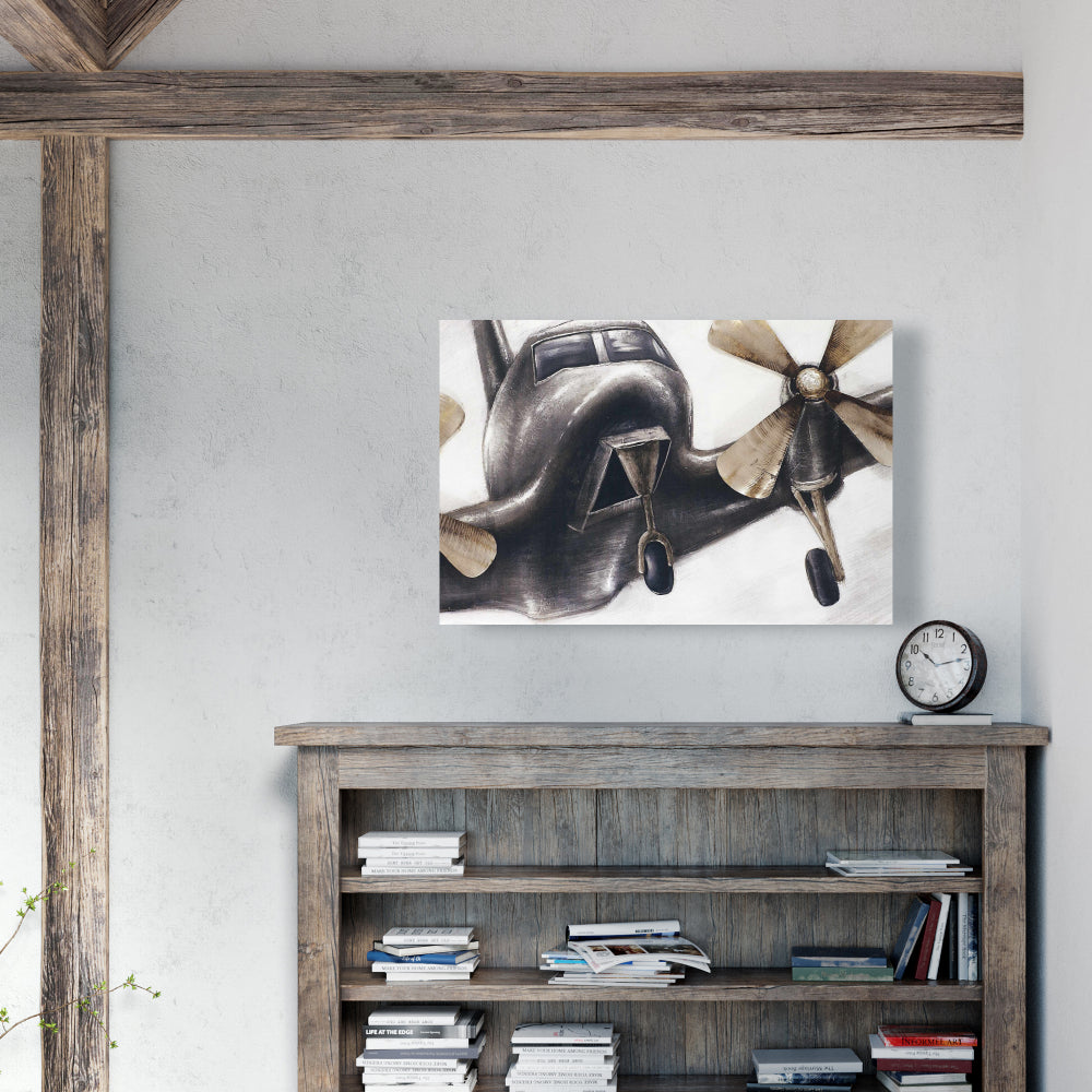 Vintage Airplane Canvas - Industrial Gray Aviation Decor