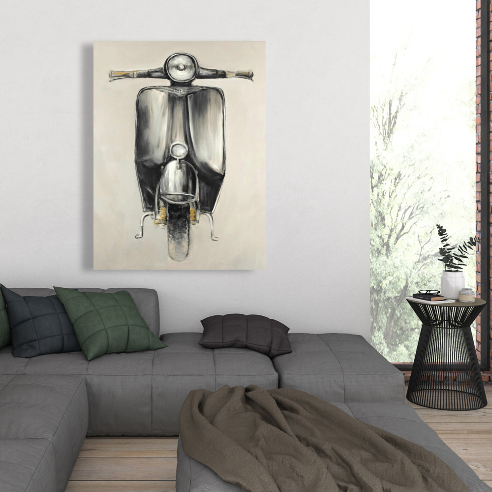 Small Black Moped Vintage Motorcycle Canvas - Home Decor Art
