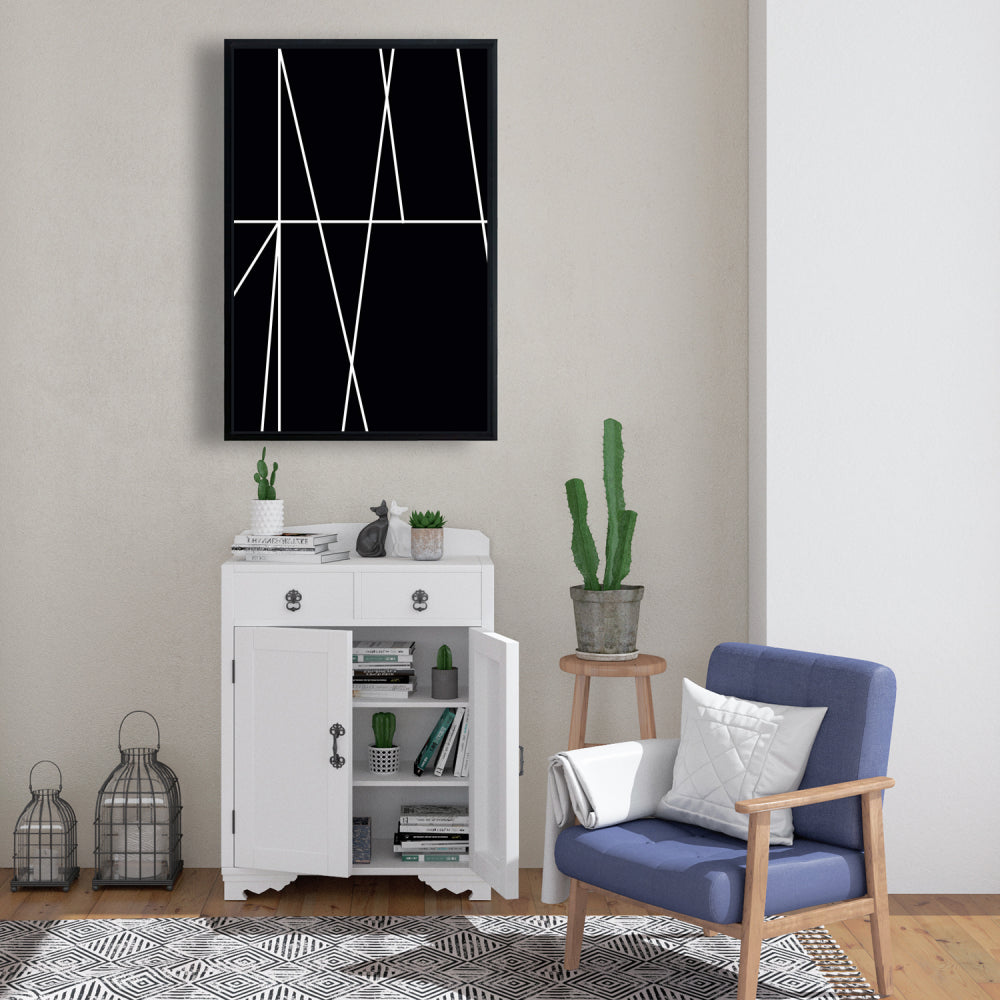 Toile encadrée : Rayures blanches sur fond noir – Décoration d'intérieur moderne