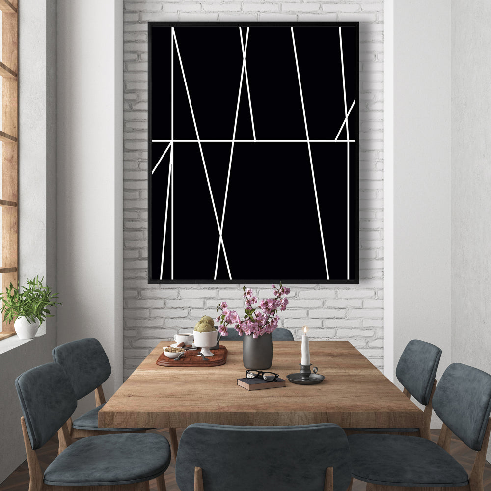 Toile encadrée : Rayures blanches sur fond noir – Décoration d'intérieur moderne