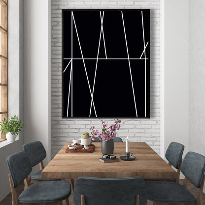 Toile encadrée : Rayures blanches sur fond noir – Décoration d'intérieur moderne