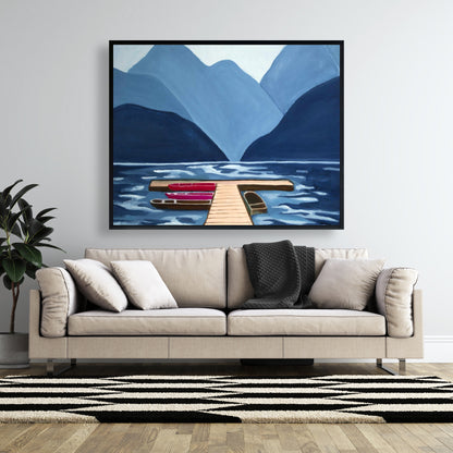 Blue Marine Mountains Framed Canvas - Lake, Quai & Mountains Decor