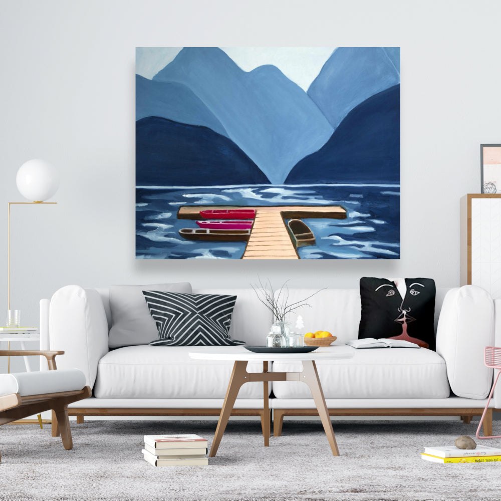 Toile bleue marine pour chambre à coucher | Décor montagneux Lake Quai