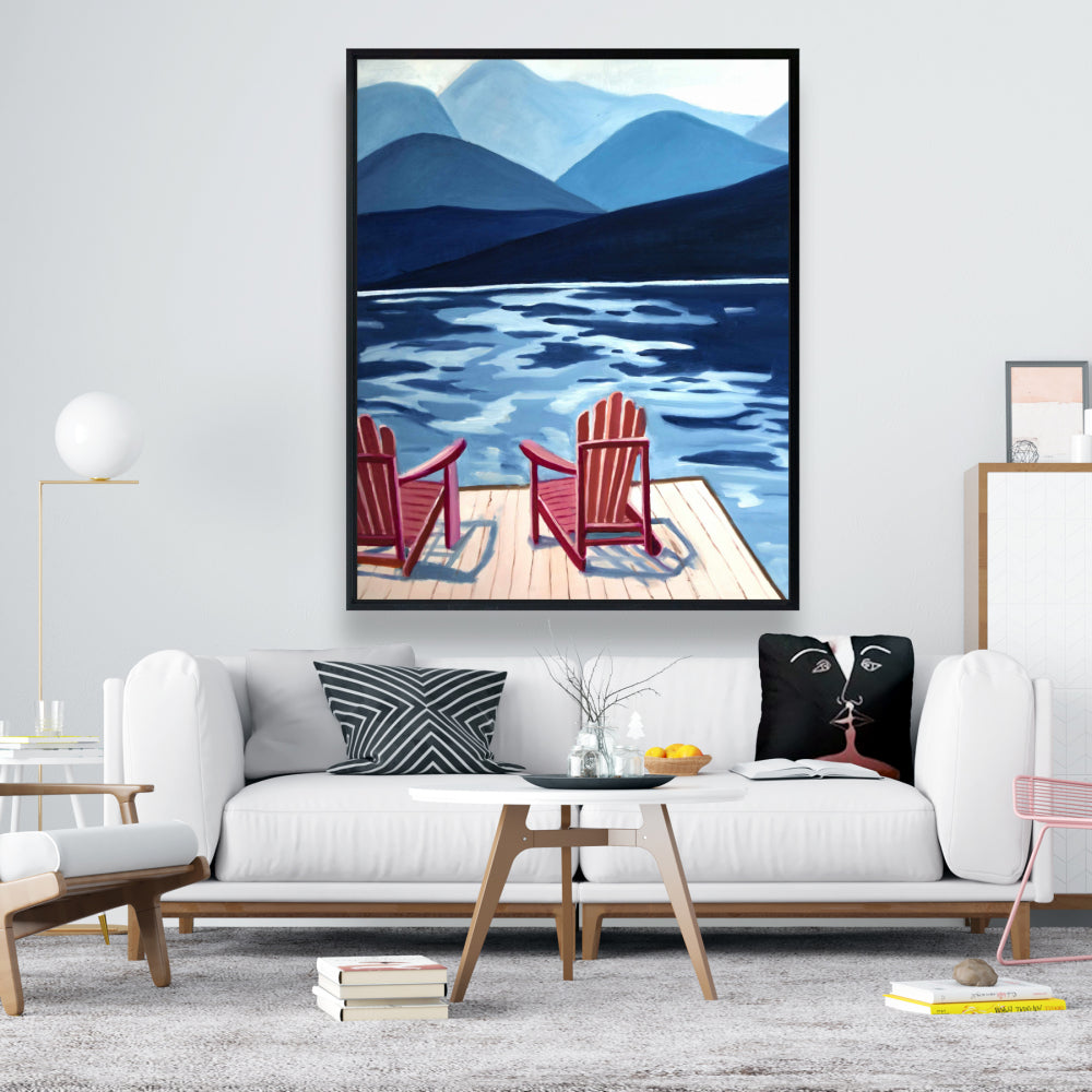 Mountains Marine Blue Canvas - Lake, Dock, Mountains & Chairs