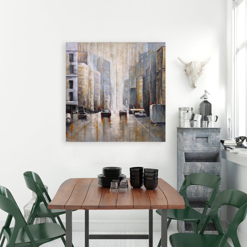 Cars in the Morning Rain Canvas - Brown Bedroom Wall Art Decor