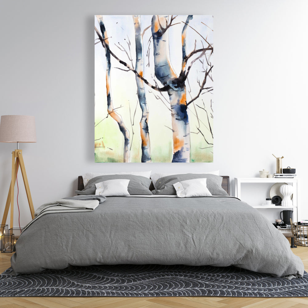 Three Small Birch Trees - Blue Landscape Canvas for Home Decor