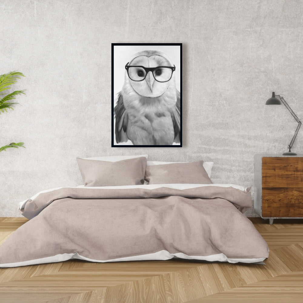 Barn Owl with Glasses | White Framed Canvas Home Decor