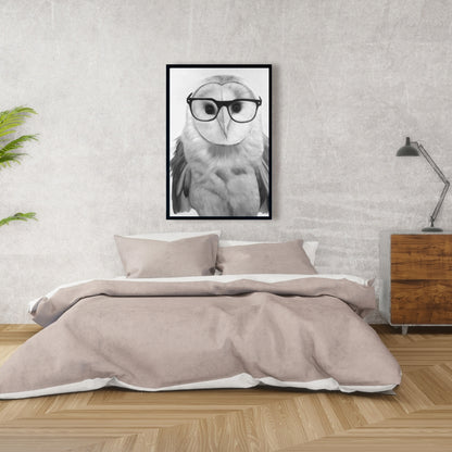 Barn Owl with Glasses | White Framed Canvas Home Decor