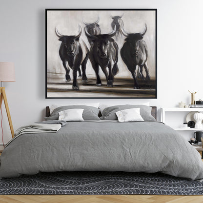 Running Fierce Bulls Canvas | Brown Rustic Bedroom Decor