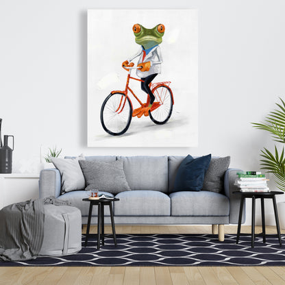 Toile encadrée « Grenouille amusante à vélo » | Décoration d'intérieur