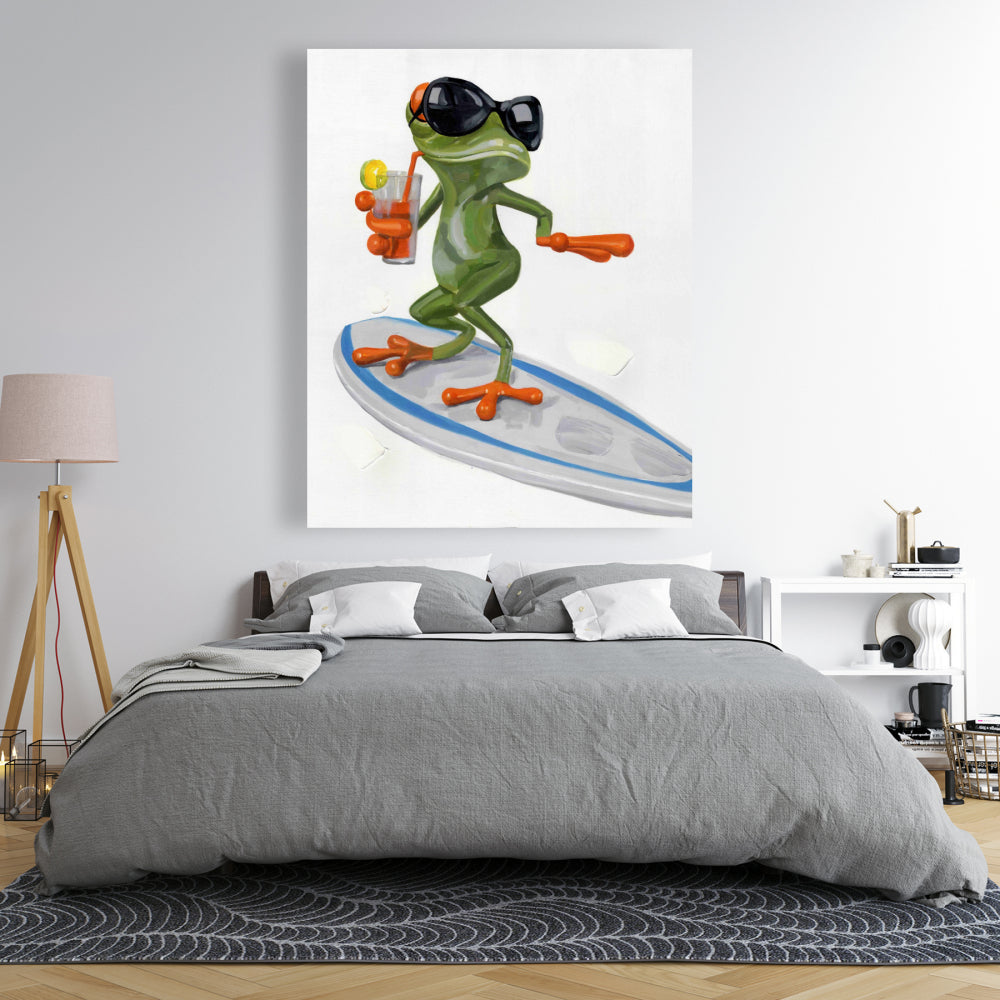 Toile « Grenouille amusante surfant » | Décoration d'intérieur avec cadre vert