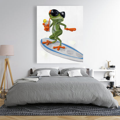 Toile « Grenouille amusante surfant » | Décoration d'intérieur avec cadre vert