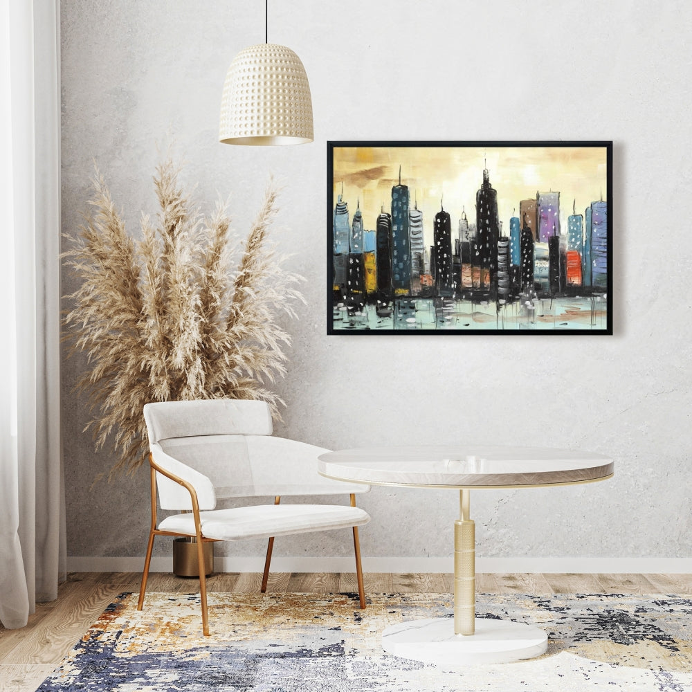 Blue Skyline Abstract Cityscape | Framed Canvas Home Decor