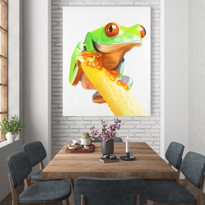 Toile « Grenouille aux yeux rouges curieuse » | Décoration de chambre à coucher avec reptile vert