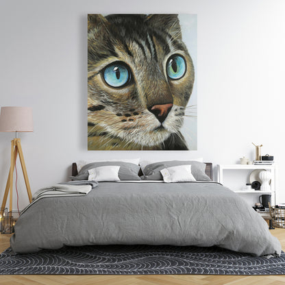 Curious Cat Portrait | Hyperrealist Bedroom Blue Canvas Decor
