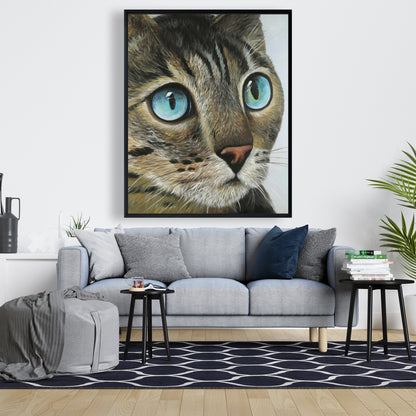 Portrait de chat curieux – Toile encadrée d'animaux bleus pour décoration intérieure