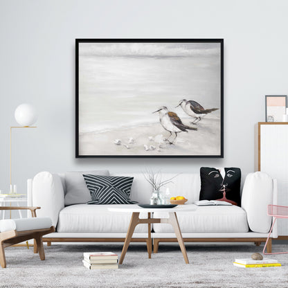 Marine Beige Framed Canvas - Two Sandpipers Birds Decor