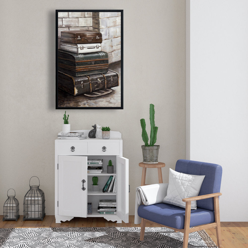 Toile encadrée marron – Décor de quatre vieilles valises de voyage
