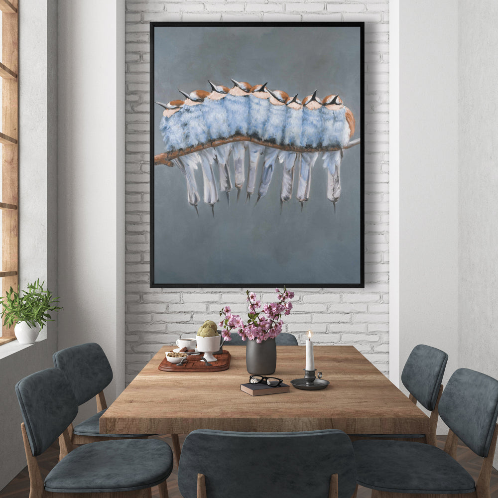 Bouquet de petits oiseaux sur une branche – Toile encadrée Animaux bleus