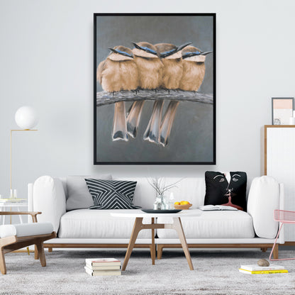 Toile encadrée marron exotique - Décor quatre oiseaux sur une branche