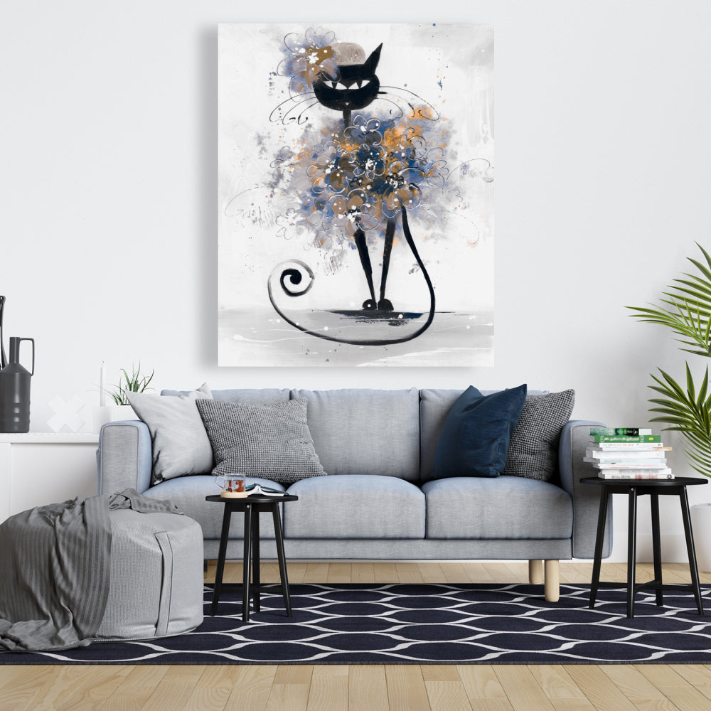Cartoon Black Cat Canvas | Bedroom Blue Pet Wall Art Decor