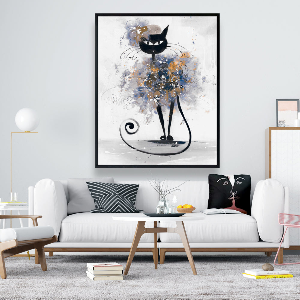 Toile de dessin animé Chat noir | Décoration de chambre pour animaux avec cadre bleu