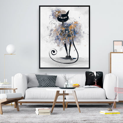 Toile de dessin animé Chat noir | Décoration de chambre pour animaux avec cadre bleu