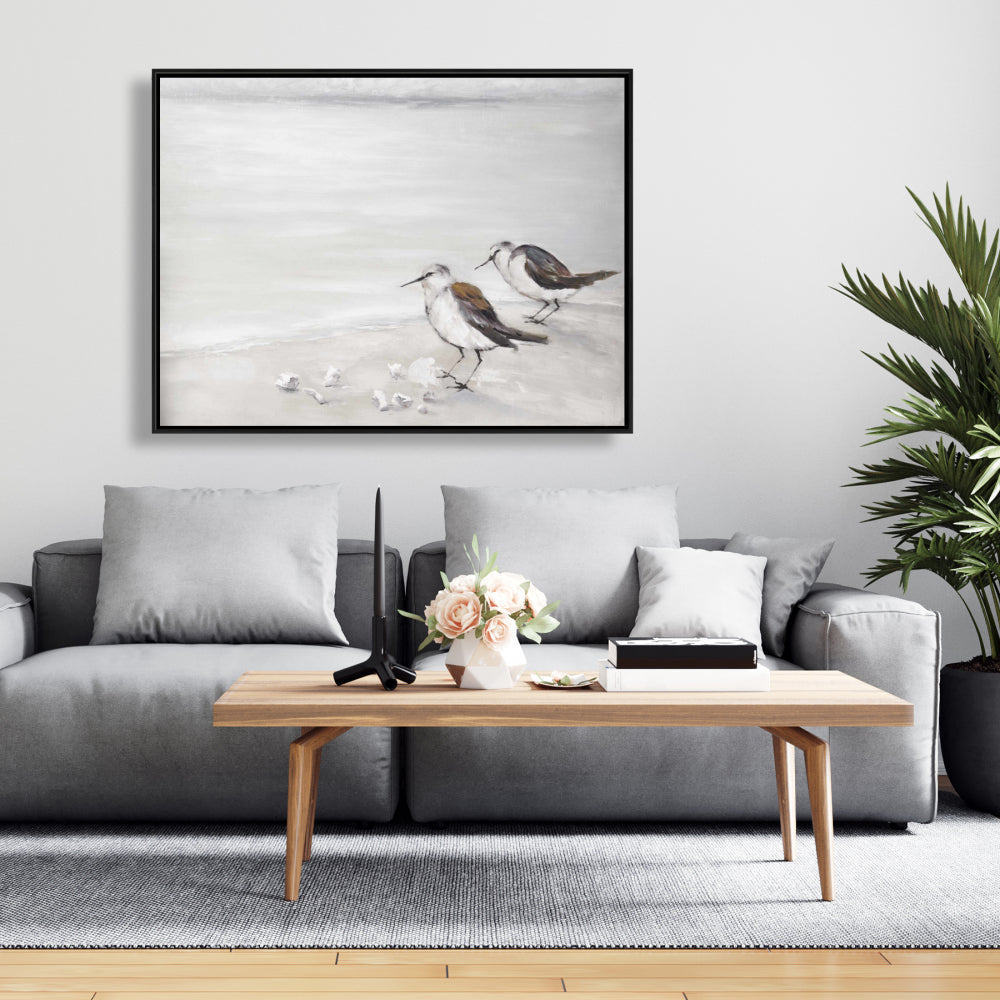 Marine Beige Framed Canvas - Two Sandpipers Birds Decor