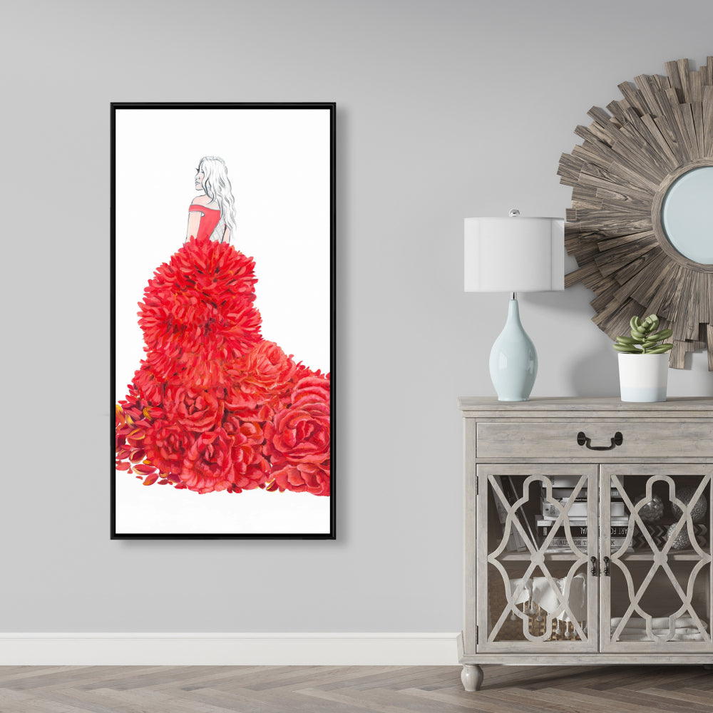 Toile encadrée romantique rouge pour chambre à coucher – Décoration d'intérieur avec robe fleurie