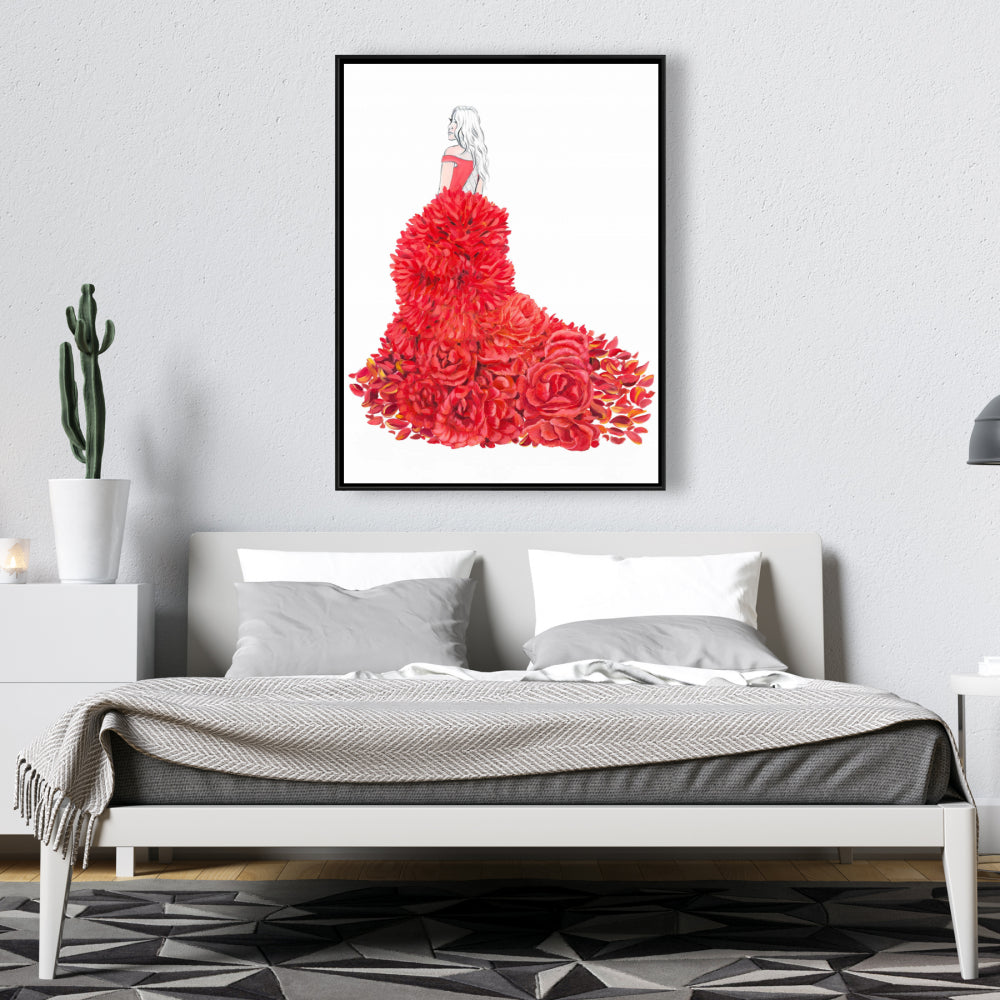 Toile encadrée romantique rouge pour chambre à coucher – Décoration d'intérieur avec robe fleurie