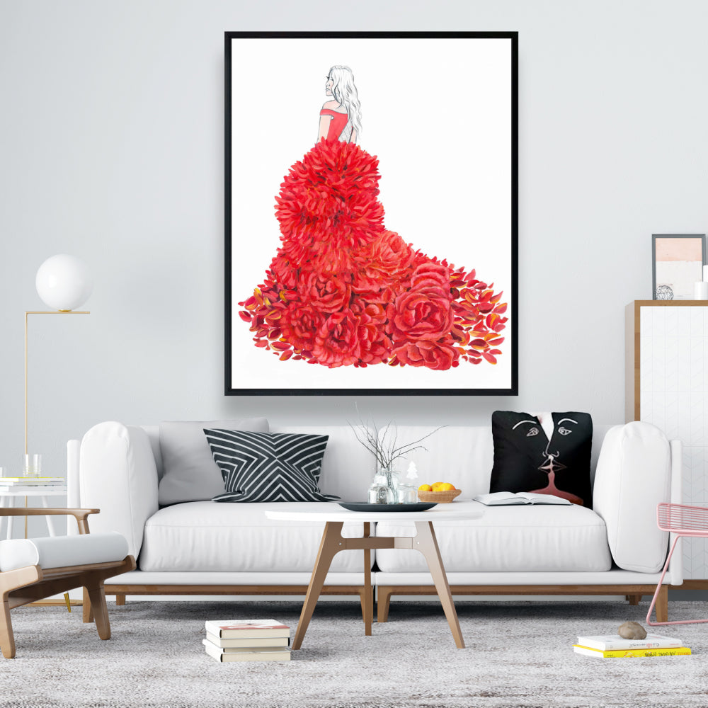 Toile encadrée romantique rouge pour chambre à coucher – Décoration d'intérieur avec robe fleurie