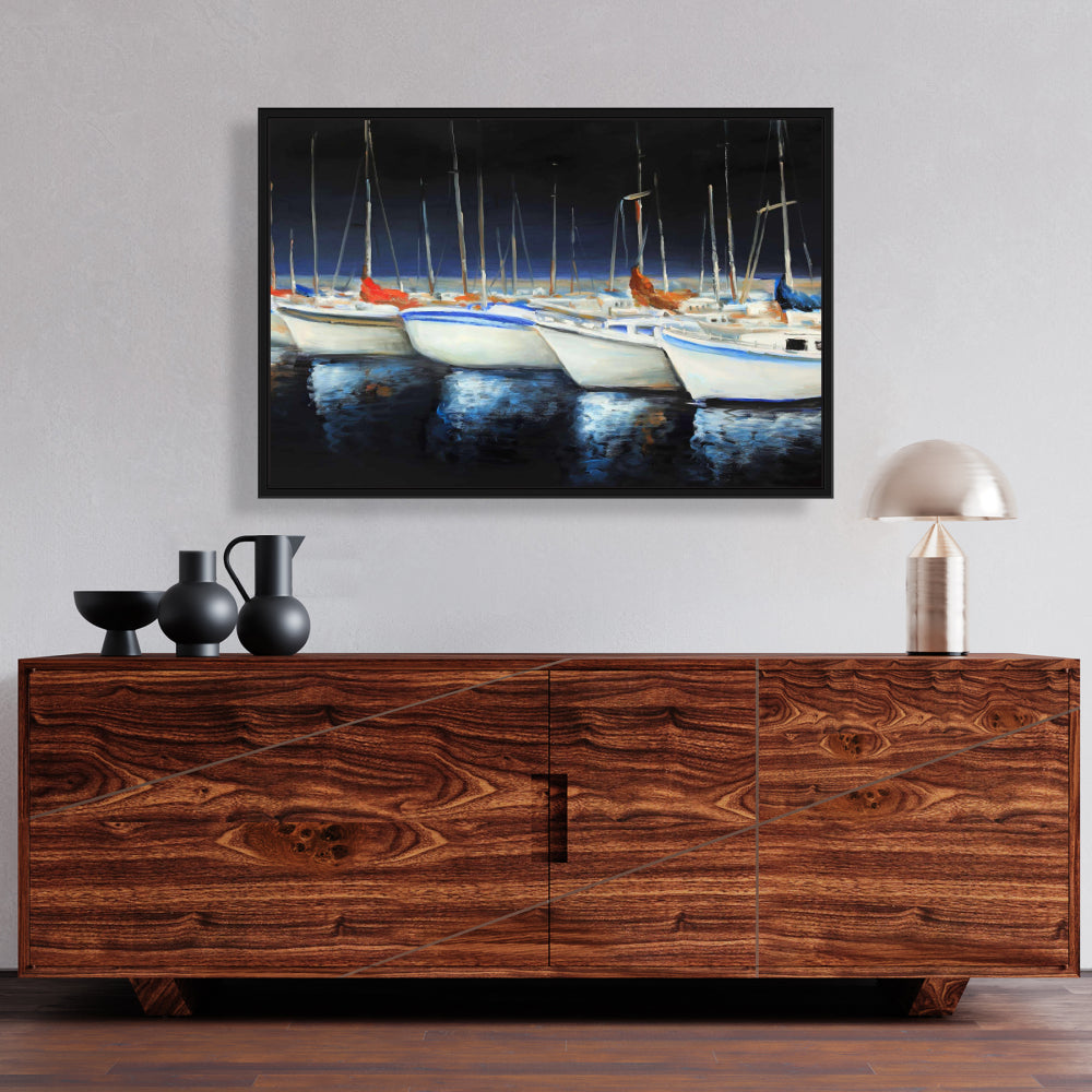 Toile « Bateaux de pêche à la marina » | Décoration murale encadrée bleue