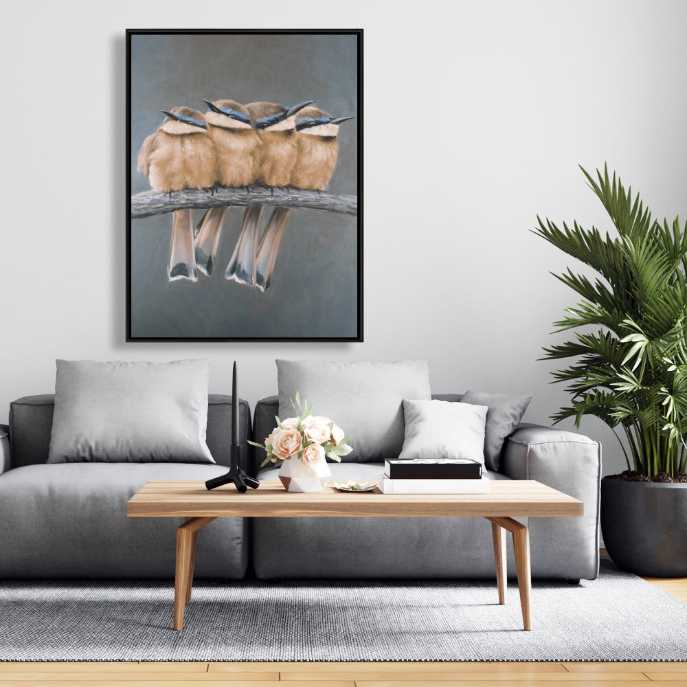 Toile encadrée marron exotique - Décor quatre oiseaux sur une branche