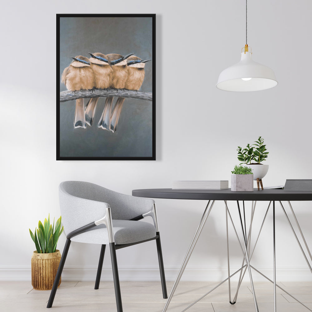 Toile encadrée marron exotique - Décor quatre oiseaux sur une branche