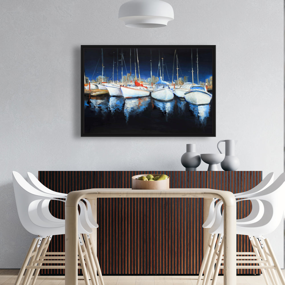 Blue Coastal Bedroom Canvas | Evening at the Marina Framed Art