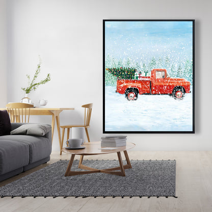 Toile Camion Sapin de Noël | Cadre bleu pour salon