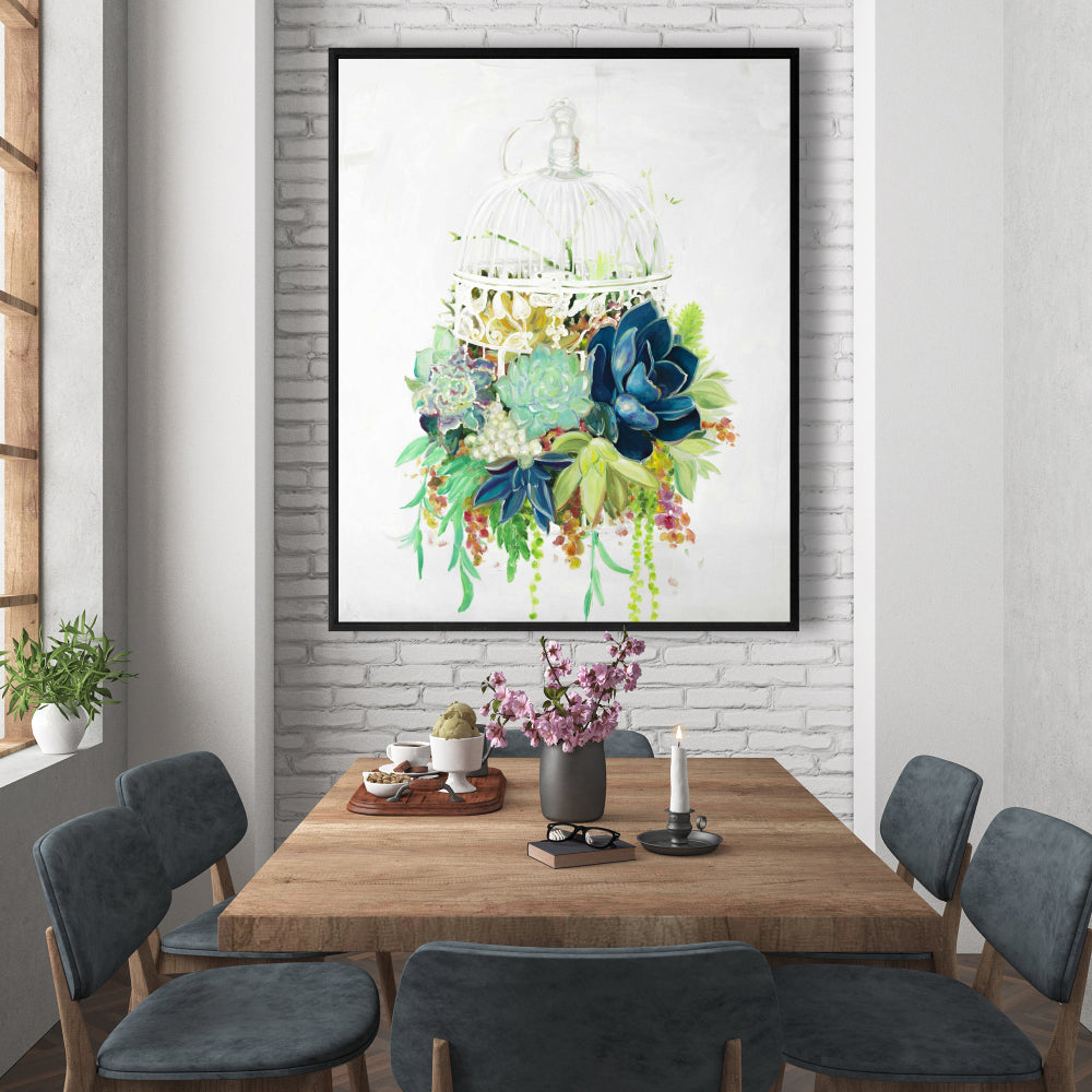 Bird Cage with Cactus Framed Canvas | Exotic Bedroom Decor
