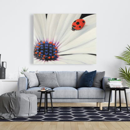 White Daisy and Ladybug | Botanical Blue Bedroom Canvas Decor