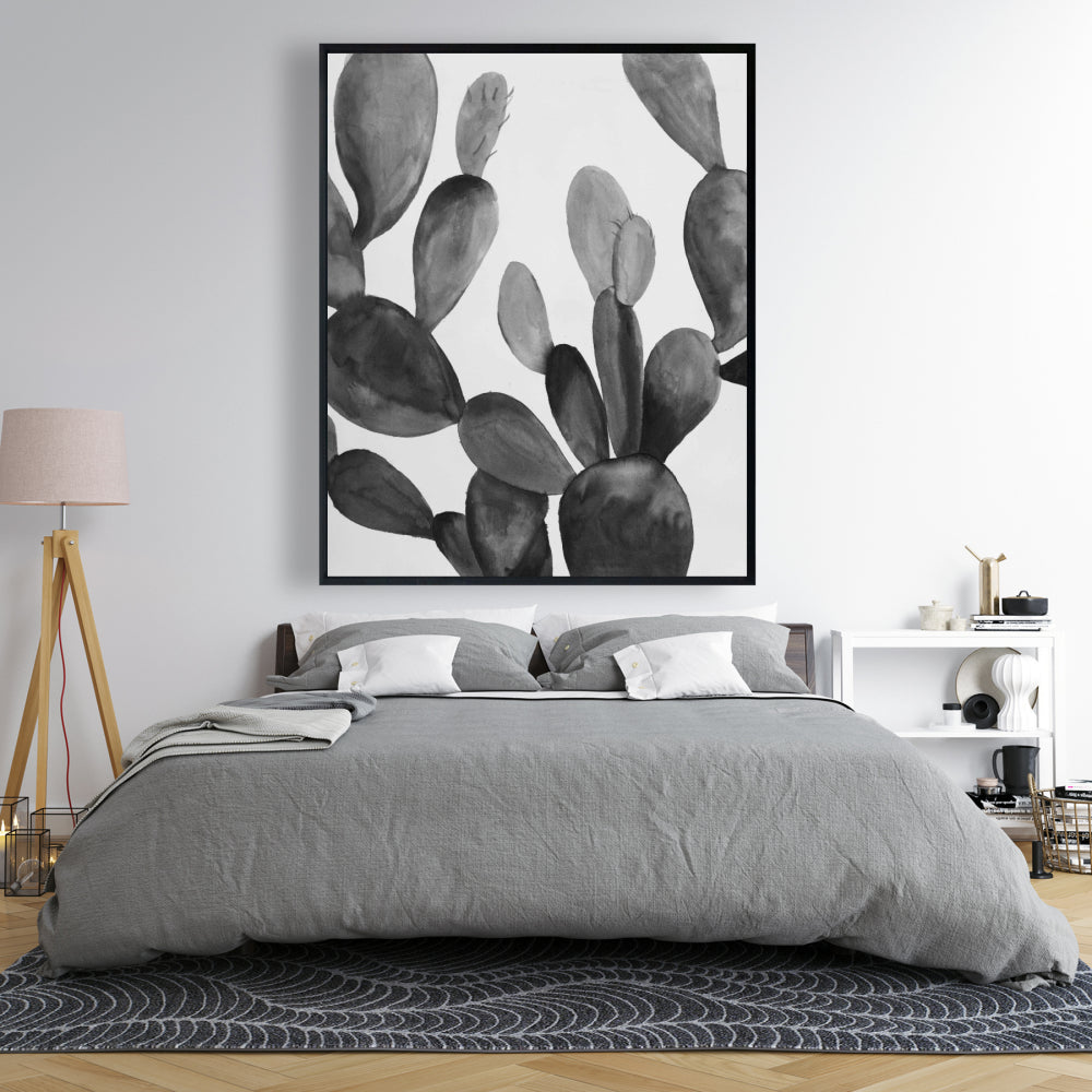 Toile encadrée Cactus en nuances de gris | Décoration murale botanique grise
