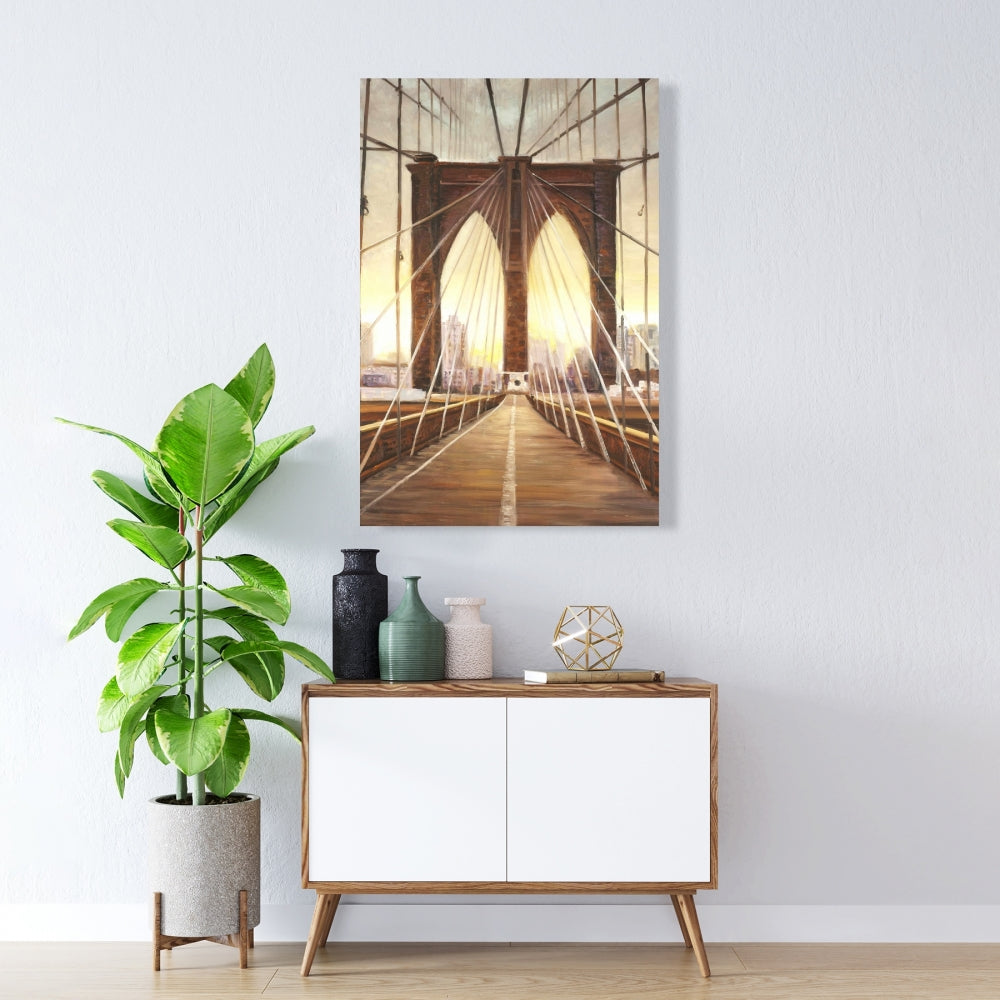 Sunset on Brooklyn Bridge Canvas - Bedroom Decor, Brown Art