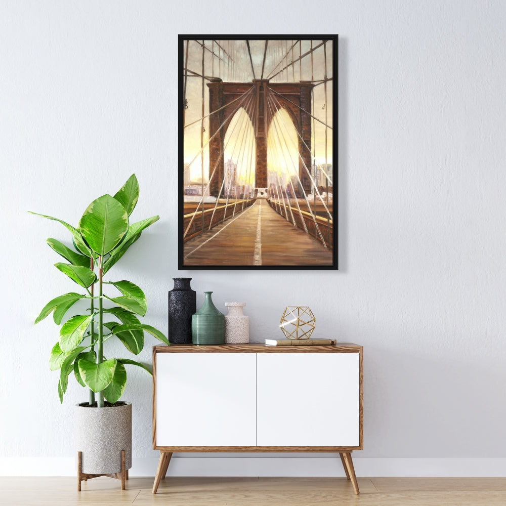 Décoration de chambre : Coucher de soleil sur le pont de Brooklyn sur toile marron