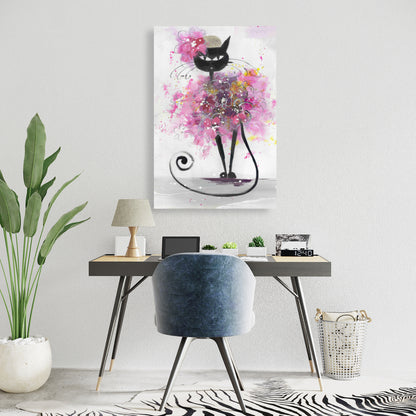 Cartoon Cat with Pink Flowers Canvas | Bedroom Wall Decor