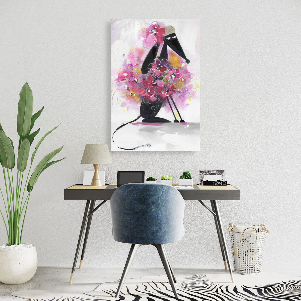 Cartoon Dog with Pink Flowers Canvas - Cute Animals Bedroom Decor