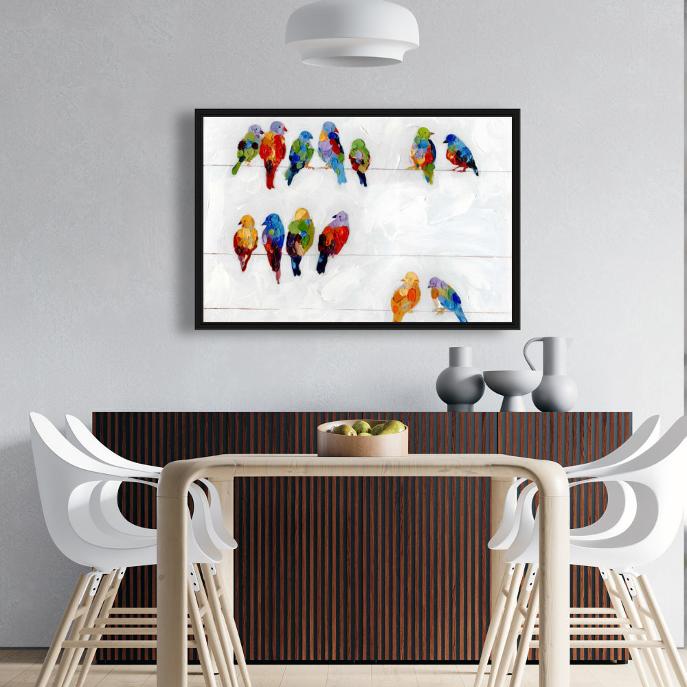 Colorful Birds on a Wire - Blue Bedroom Framed Canvas Decor