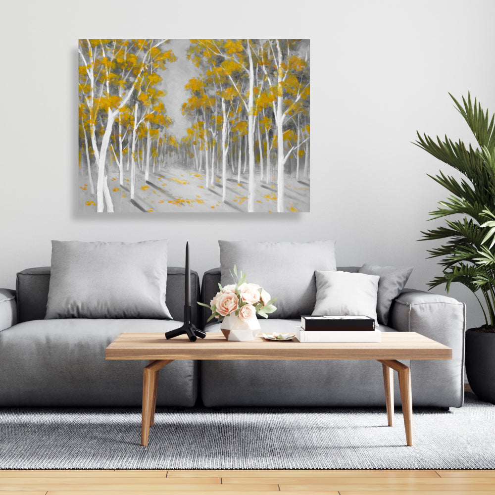 Toile de chambre grise avec forêt de bouleaux jaunes | Décoration contemporaine