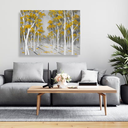 Toile de chambre grise avec forêt de bouleaux jaunes | Décoration contemporaine