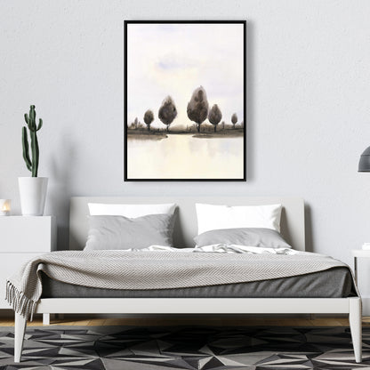 Toile Paysage abstrait avec arbres | Décoration d'intérieur encadrée bleue