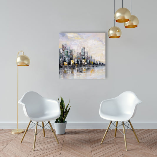 Industrial Bedroom Blue Canvas | Abstract Cityscape Morning