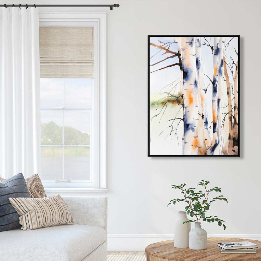 Blue Illustrative Birch Trunks Framed Canvas - Bedroom Decor